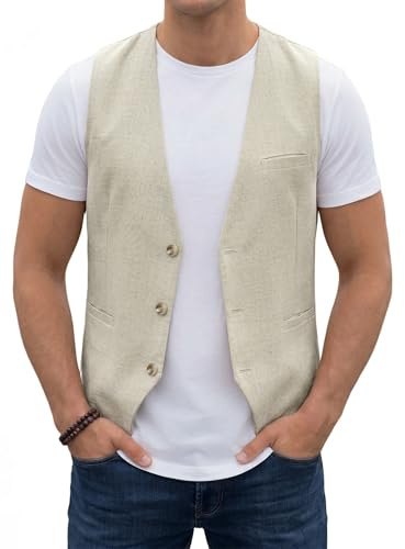 HISDERN Chaleco Beige de hombre de algodón y lino ideal para verano Chaleco informal ligero y transpirable con bolsillos M