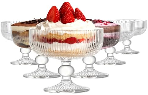 TOLASTO Lot de 6 Coupes à Dessert en Verre 320 ml,Coupes à Glace à Pied,Coupelles Sundae Transparentes Sans Plomb,Verres à Dessert Vintage pour Tiramisu,Trifle,Parfait,Mousse,Salade de Fruits