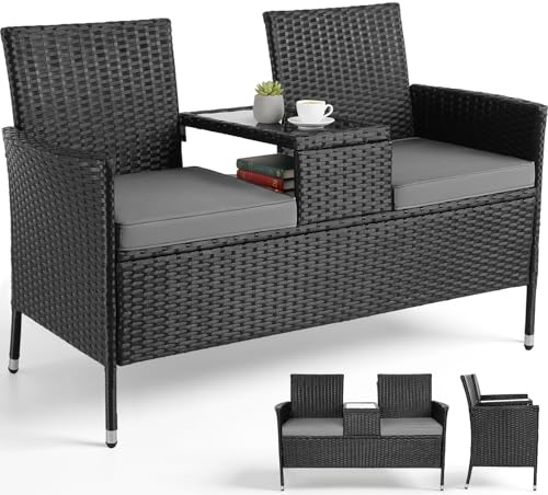 Clevich Polyrattan Gartenbank mit Tisch, Balkonmöbel 2er Set mit Sitzkissen | Gartenmöbel Set für Kleinen Balkon, Wetterfest, UV-beständig, Outdoor Sitzbank für Terrasse, Garten, Schwarz