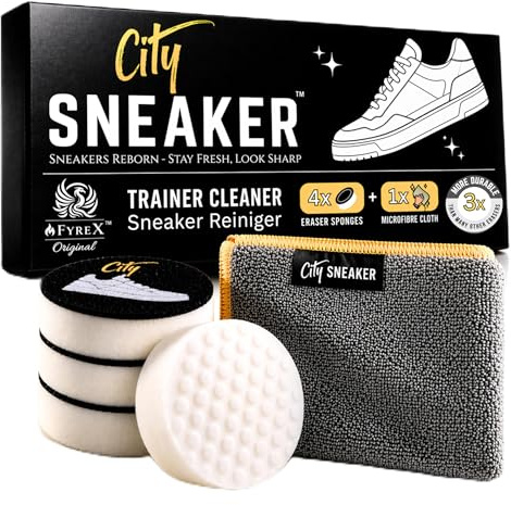 Sneaker & Fußballschuh Reiniger Set – 4x Power Schmutzradierer + 1x Premium Mikrofasertuch – Für weiße Sneaker, Sohlen & glatte Oberflächen – nur mit Wasser, 3x langlebiger, sauberes Finish