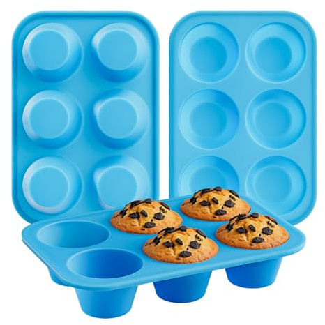 Bangp Moldes de silicona grandes para magdalenas con 6 huecos y marco de metal, color azul | Bandeja grande antiadherente para magdalenas Yorkshire, para cupcakes y muffins