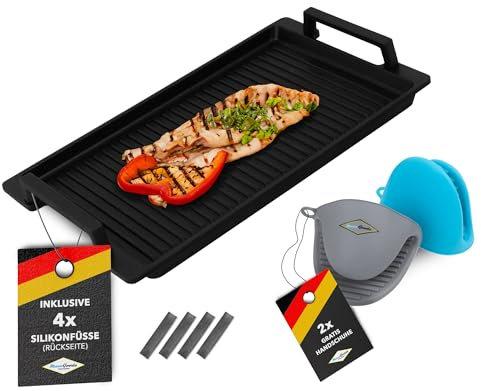 MaxxGoods - Aluminiumguss Grillplatte mit Seitengriffe - Gerippt - 41x24x2,5cm - für Induktion & alle gängigen Herdplatten - Keramikoberfläche - Antihaftversiegelung - Made in Germany - PFOA Frei