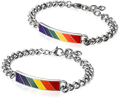 Flongo Partner Bracelet, Stainless Steel Bracelet, Bangle, Silver, Multicoloured, Rainbow Stripes, Gay Pride, Gay Gay Curb Chain, Partner Bracelets, Men, Women, 20 centimeters, Stainless Steel