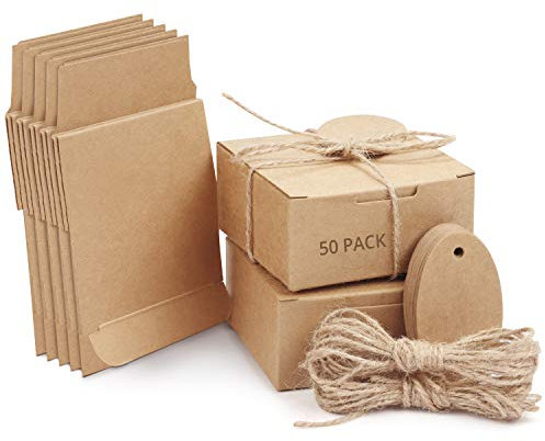BELLE VOUS Geschenkbox mit Deckel (50er Pack) - Geschenk Box mit Schnur und Schildern - Gift Box Geschenkkarton - Geschenkboxen Geschenkverpackung - Geschenkbox Geburtstag