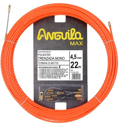 TITLE: Anguila Max | Guía Pasacables | Especial Rectas | Terminales Mixtos | Poliéster Trenzado | Color Naranja | Diámetro 4,5mm | 22 metros | Rígida y con máxima fuerza de empuje en tramos rectos, con mínimo rozamiento; terminales mixtos; incluye 8 accesorios