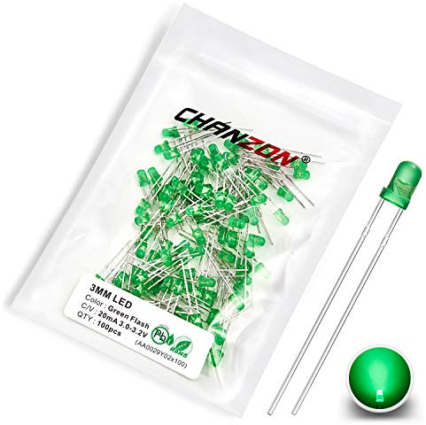 Chanzon 100 pcs 3mm Blinking Green LED Diode Lights 1.5Hz Flashing (Diffused Lens Frosted Round DC 3V 20mA) Bright Lighting Bulb Lamps Electronics Components Indicator Light Emitting Diodes
