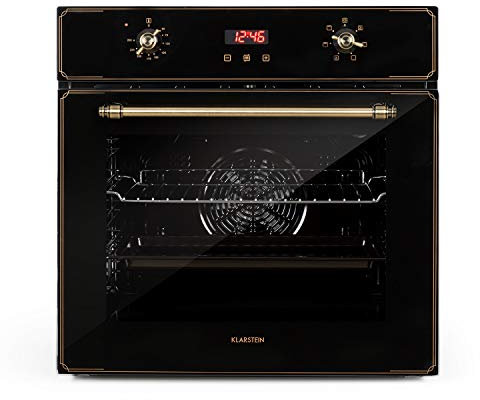 Klarstein Elizabeth - Forno Elettrico a Incasso, Design Rétro, 70L, Classe A, Autonomo, Ventola/Calore dall'Alto/dal Basso/Grill, 2200 Watt, 50-250 °C, Manopola e Maniglia Effetto Ottone (Nero)