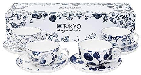 TOKYO design studio Flora Japonica 4-er Tassen-Set blau-weiß mit Untertassen, 100 ml, asiatisches Porzellan, Japanisches Blumen-Design, inkl. Geschenk-Verpackung