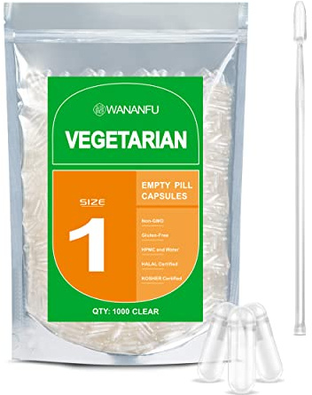WANANFU Cápsulas Vacías Vegetales Tamaño 1 (1000 piezas) con microcuchara, apto para llenado de cápsulas tamaño 1