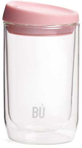 BU Products Reusable Double Walled Glass Coffee Cup | Travel Mug | Splash Proof Antibacterial Lid | BPA Free | Cappuccino Latte Flat White Glass Mugs | Vacuum Insulated | 12oz/340ml Pink