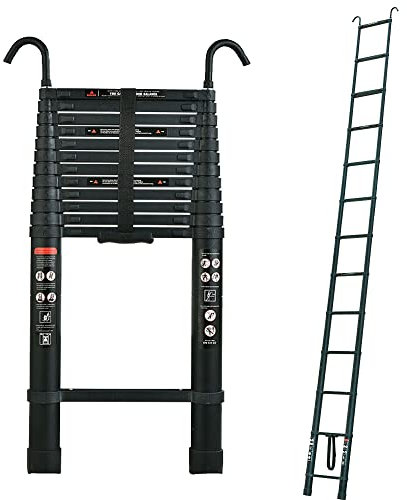 Anlegeleiter 5m, Alu Teleskopleiter Stehleiter mit 2 Haken, Tragbare Aluminiumleiter Ausziehbar Multifunktionsleiter Alu für Outdoor & Indoor, 150kg Tragkraft