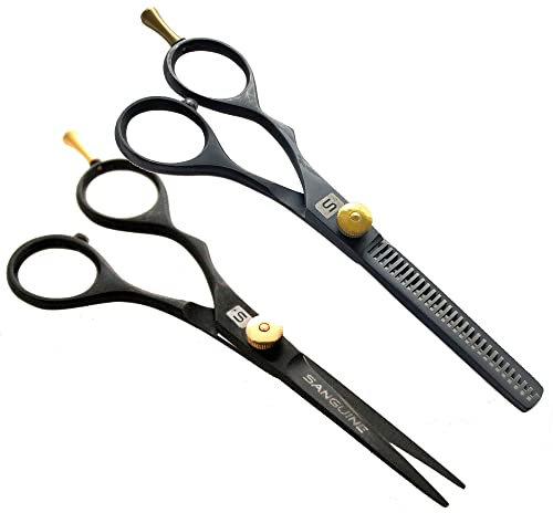 Professional Left Handed Hairdressing Scissors and Thinning Scissors, 5.5 inch + Presentation Case (Deep Black)