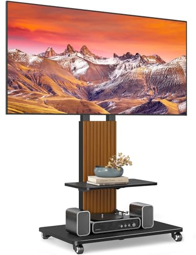 TVON Heavy Duty Rolling TV Stand for 55-90 inch Large TVs up to 150 lbs, Mobile TV Cart with Height Adjustable Mount and Large Storage Shelf, Tall TV Stand with Wooden Base, Black and Walnut