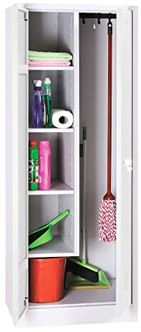 Schrank & Stuhl Mehrzweckschrank | Besenschrank mit verkürzter Trennwand, Hakenleiste und 5 Fächern 180x80x50, Drehriegelverschluss, komplett montiert, Weiß
