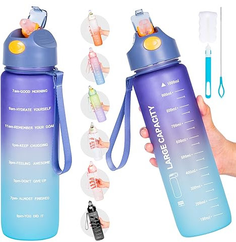 Water Bottle 1L, Sports Water Bottle with Straw & Time Maker, Drinks Bottle with Bottle Brush and Filter, Leak-proof, BPA-free Plastic Drink Bottle for Running Gym Cycling Office and School (Purple)