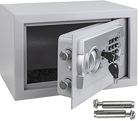 Silvergear® Elektr. Tresor mit Zahlencode | Mini Elektronischer Safe | Mini Stahlsafe mit Code | Boden Wandtresor | Möbeltresor inkl. 2 Notschlüssel | 31x 20x 20cm | Grau