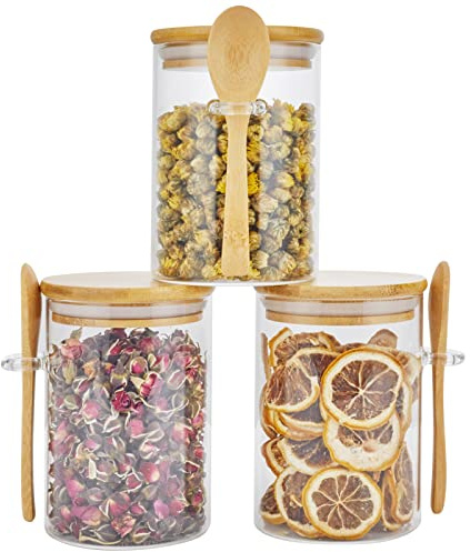 3 Pack Glass Containers Jars with Bamboo Airtight Lid and Spoon, 15Oz Glass Food Storage Canisters, Kitchen Organization Jar Set for Coffee Beans, Tea, Flour, Salt, Nuts, Candy, Cookie and More