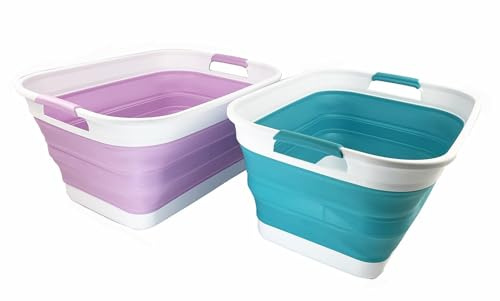 SAMMART 27L zusammenklappbarer Kunststoff-Wäschekorb – faltbarer Pop-Up-Aufbewahrungskorb (2, Keramikblau+Hellviolett)
