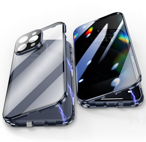 Jonwelsy Anti Peeping Hülle für iPhone 15 Pro, 360 Grad Schutz Case, Privatsphäre Gehärtetes Glas Anti-Spähen Cover, Stark Magnetische Adsorption Metallrahmen Handyhülle für iPhone 15 Pro (Blau)