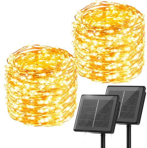 Solar String Lights, 2 Packs Total 66Ft 200 LED Fairy Lights Warm White