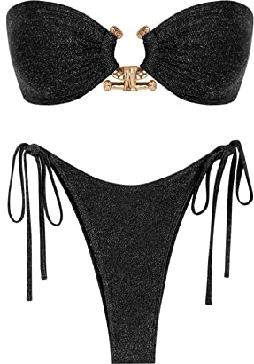 ZAFUL Damen-Bandeau-Bikini, O-Ring, trägerlos, Schnürung hinten, hoher Schnitt, Zweiteiliger Badeanzug, Badeanzüge (1-Schwarz, M)