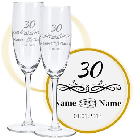 LALALO Sektglas mit Gravur 30. Hochzeitstag (2 St.), Perlen-Hochzeit Sektgläser Geschenk personalisiert/graviert, Jahrestag (Blütenträume)