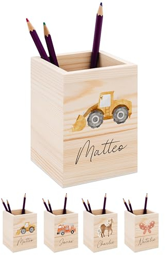 Bärenfreunde® - Personalisierter Stiftehalter Kinder aus Holz - Kreativer und praktischer Schreibtisch-Organizer Kinder mit Namen - Perfektes Einschulung Geschenk und Geburtstag (Bagger)