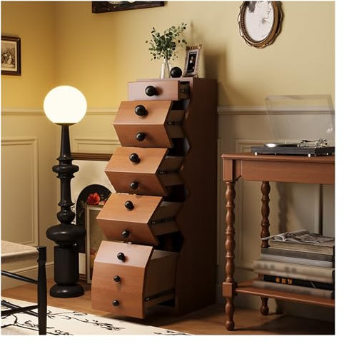 Commode moderne à 5 tiroirs avec poignées en bois rustique pour chambre à coucher, salon, entrée, commode en bois de noyer