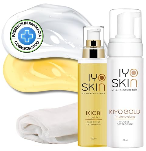 Iyoskin Detergente Viso Doppia Detersione con Olio Detergente Viso 100ml e Mousse Detergente Viso 150ml in Omaggio Panno in Microfibra Per Tutti I Tipi Di Pelle
