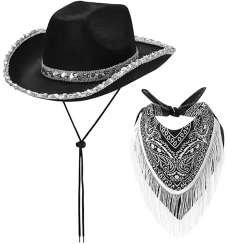 Whyzsjnclg Cowboyhut und Bandana, Cowboy -Bandana, 2pcs/Set Black Cowboy Hut und Neckscarf mit Fringe Glitter Cowboy Hat Bandana Cowboy Accessoires für Cosplay Fancy Dress Party