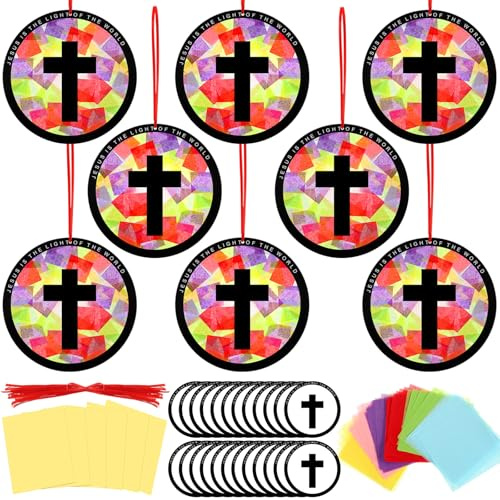 Motipuns 32 Sets VBS Cross Suncatchers Craft Kits DIY Christian Religious Cross Tissue Paper Sunday School Craft Kit Stained Glass Effect Tissue Paper Kit for Easter Lent Resurrection Window Art