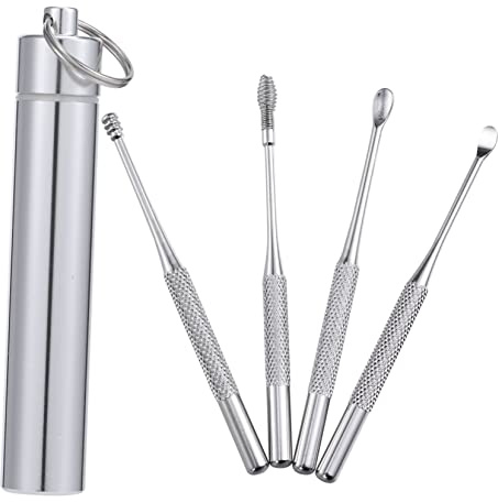 GARVALON Ohrstöpsel 4 Stück Edelstahl Ohrreiniger Mit Ergonomischem Griff Und Hängeetui Tragbares Werkzeug Zum Entfernen Von Ohrenschmalz Für Alltag