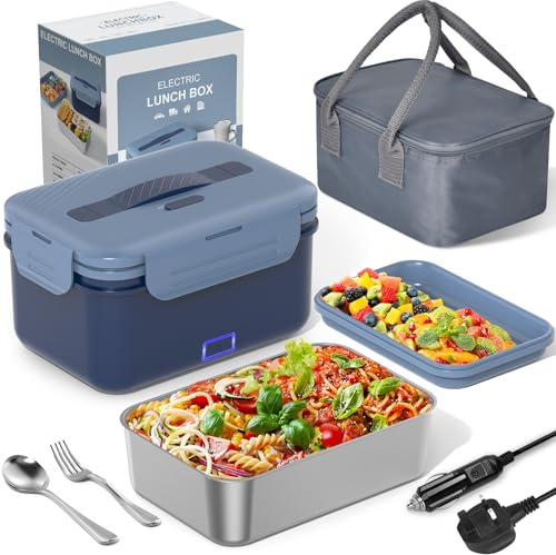 100W Electric Lunch Box for Adults – 1.8L 304 Stainless Steel Heated Lunchbox with Spoon, Fork & Insulated Bag, 12V/24V/230V Portable Food Warmer for Car Truck Home Office, Ideal Gift for Him Her