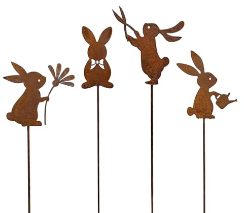4 Stück Ostern Gartenstecker Rost für Gartendeko, Osterhase Rost Deko für Garten, Roststecker, Kaninchen Figuren Osterdeko für Draußen Wetterfest, Gartenstecker Metall für Terrasse Blumentopf (E)