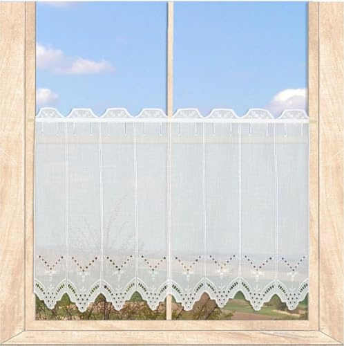 Landhaus-Gardine Nele mit Bohrstickerei Weiß HxB 55x208 cm | Halbtransparente Scheibengardine Hochwertige Vogtländische Stickerei auf Strukturbatist atelier alles-Spitze
