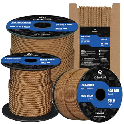 Abma Cord Paracord 3mm 15M 100% Nylon Seil Paracord 425 Typ II Schnur mit 3 Kern für Basteln, Camping, Survival - Max. 192kg (425lbs) - Braun