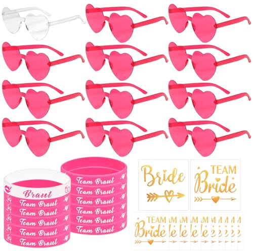 HOWAF 36 Stück JGA Accessoires Frauen, 12 JGA Brillen Herz Sonnenbrille + 12 JGA Deko Armbänder Frauen Silikonarmband + 12 Team Bride Tattoos Hochzeit, Junggesellenabschied Frauen, Bride to Be Deko