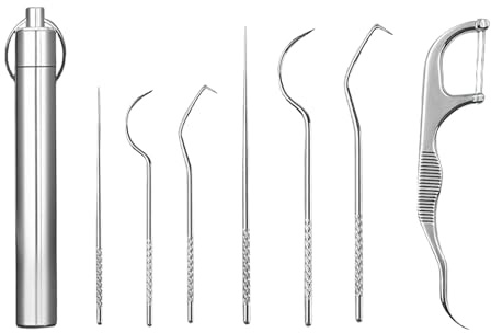 yolzhxe 7 Piezas Juego de Palillos de Dientes Acero Inoxidable, Palillos Dientes Portátiles, Reutilizables con Cilindro Acero Inoxidable para Guardar al Aire Libre, Picnic, Camping