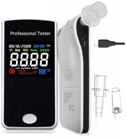 iBACheck Alcohol Test with Large 2.2'' 3 Color Display. Ultra Thin 12mm Thick Portable Breath Analyzer. Rechargeable with 200 Memories & Perpetual Calendar; Low Standby (Multicoloured White)