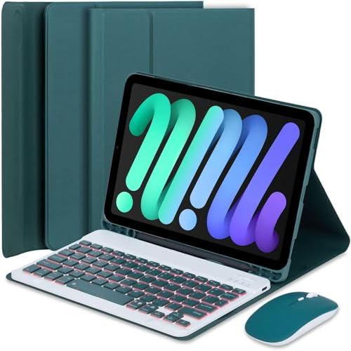 EHLCYS Funda con Teclado para iPad Mini (A17 Pro) 7ª Generación 2024 / iPad Mini 6ª Generación 8,3 Pulgadas, Español Ñ Teclado Extraíble Retroiluminado 7 Colores con Portalápices Y Ratón,Verde