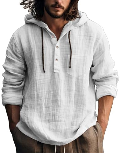 Generico Camicia Lino Uomo Manica Lunga Maglietta con Cappuccio e Coulisse Casual Leggeri Bottoni Cardigan in Tinta Unita