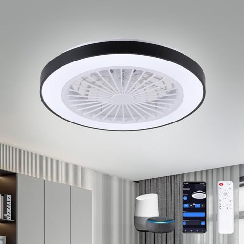 Pingxihule Smart Ceiling Fans with Lights, Support Alexa,Google Assistant | Black Low Profile Ceiling Fan with Light,Remote & APP Control,Reversible DC Motor,6 Speed,Dimmable Ceiling Fan for Bedroom