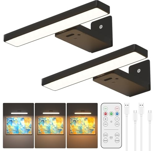 BrightWish 2 Stück Bilderleuchte Kabellos, LED Wandleuchte Innen mit Fernbedienung, 3500mAh Akku Bildbeleuchtung mit Timer, Dart Beleuchtung, 3 Farbmodi Dimmbare Wandlampe für Malen Foto Art, Schwarz