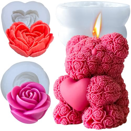 Björnformar i silikon, 3D rosa ljusform björn+blomma silikonform ljus, gjutform, San-presenter, gör-det-själv-ljusformar för hemgjorda tvålar