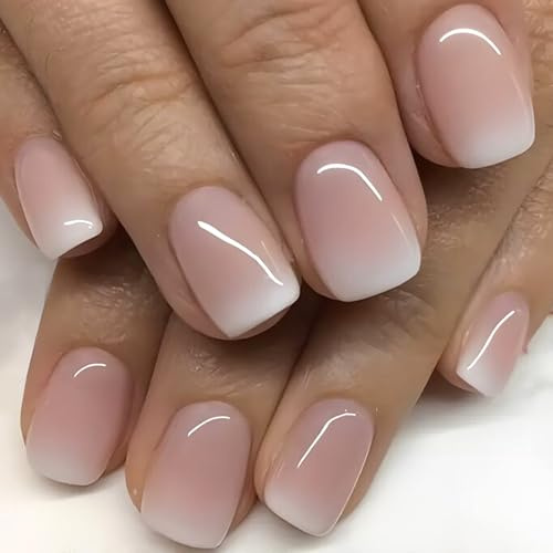 Viugex 24 Pièces Française Faux Ongles, Court Carrés Rose Blanc Dégradé Press on Nails, Naturel Réutilisables Acrylique Ongles à Coller, Couverture Complète Ongles Artificiels pour Femme DIY Manucure