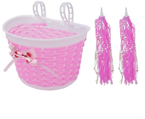 Bulevisiter Lenkerkorb für Kinder – gewebtes Design mit Luftschlangen, kompatibel mit den meisten Fahrradmodellen, für einfache Montage im Trolley-Stil (Rosa)