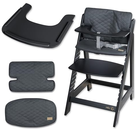 roba Sit Up Flex Babyhochstuhl Holz, Schwarz – Mitwachsend ab 6 Monaten bis 70 kg, inkl. Sitzverkleinerer „Sit Up Luxe“ Graphite & Essbrett, verstellbares Sitz- & Fußbrett
