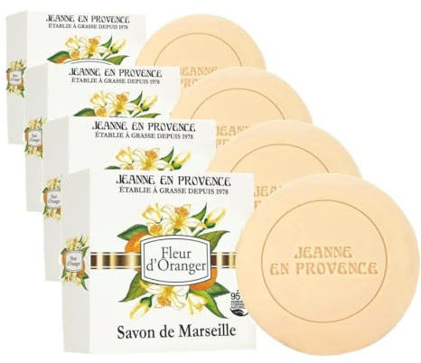 JEANNE EN PROVENCE - Savon Solide Corps & mains - Parfum Fleur d'Oranger - Nettoie, Adoucit & Parfume - 95% d'Ingrédients d'Origine Naturelle - Fabriqué en France à Grasse - 100 gr (Lot de 4)