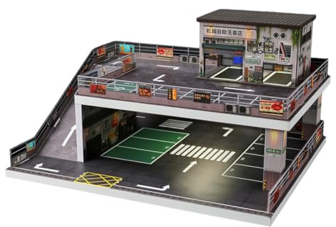 1/64 escala estacionamiento lavado de coches modelo de escena con luces, edificio diorama miniatura casa de muñecas exposición (figuras y modelos de coches no incluidos)