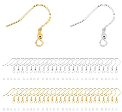 FHRYNA 100 ganci per orecchini fai da te in argento 925 e oro, con 100 tappi trasparenti